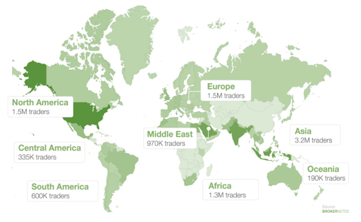 Total number of forex traders across the globe shaded map.